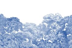 a blue and white drawing of trees in the woods