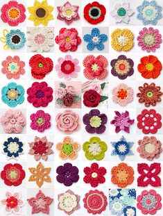 crocheted flowers are arranged in different colors