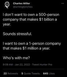 the tweet is asking if charles miller would pay $ 1 million to own a 500 - person company that makes $ 1 billion a year