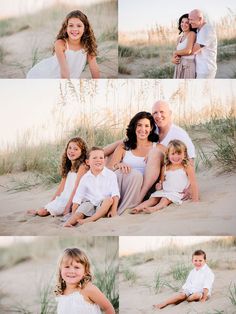 a family sitting on the beach in front of some tall grass and sea oats