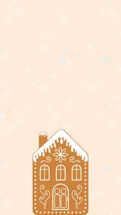 a gingerbread house on a pink background with snowflakes and stars in the sky