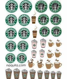 starbucks coffee cup stickers and decals are shown in various shapes, sizes and colors