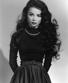 Feminine Long Hair, Haircut Black Hair, Classic Hollywood Hair, Vintage Glamour Aesthetic, 50s Hairstyles For Long Hair 1950s, Long Black Hair With Bangs, Wedding Hair Bangs, Female Character Inspiration