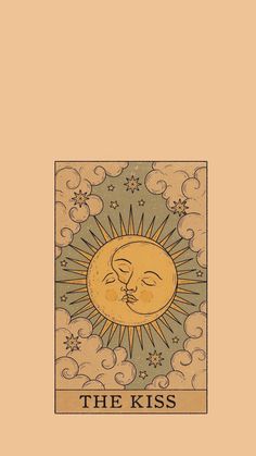 the kiss tarot card is shown with clouds and stars around it, as well as a sun