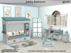 a child's bedroom with blue walls and white furniture