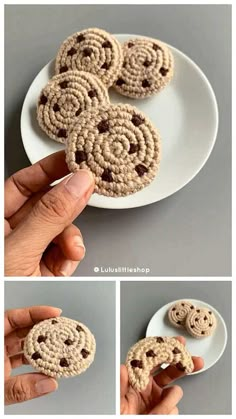 crocheted cookies on a white plate with chocolate chips in the middle and then rolled up