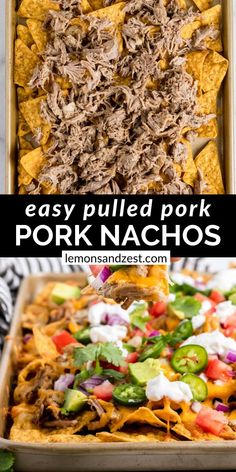 an easy pulled pork nachos recipe in a casserole dish