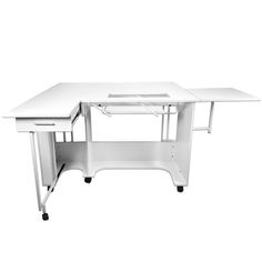 a white desk with two drawers and a keyboard on it's left hand side