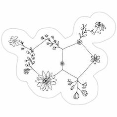 a drawing of flowers and leaves on a hexagonal shape with the outlines