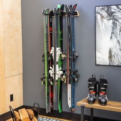 ski wall rack Snowboard Wall Rack, Surfboard Display, Snowboard Storage, Bike Storage Rack, Ski Rack, Ski Poles, Wood Pots, Ski Storage, Freestanding Storage