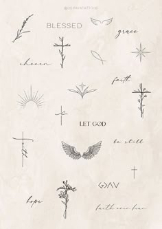 the cross and other symbols are drawn in ink on paper, with words written below them