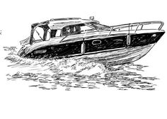 a black and white drawing of a boat in the water with its front end out