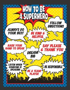 a poster with comic speech bubbles and the words how to be a superhero on it