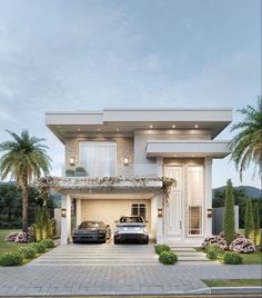 two cars are parked in front of a modern style house with palm trees and landscaping