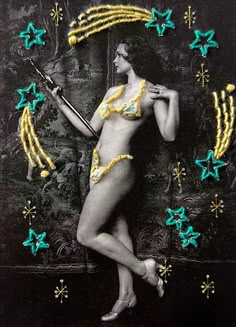 an image of a woman in a bathing suit holding a baseball bat and wearing beads