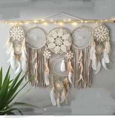 there is a wall hanging with several dream catchers and lights on the side of it