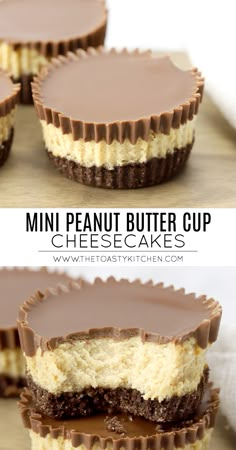 mini peanut butter cup cheesecakes with chocolate frosting on the top and bottom