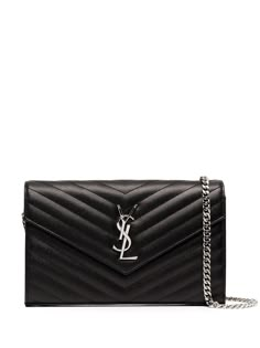 Black leather monogram wallet on chain from SAINT LAURENT featuring foldover top with magnetic fastening, chain-link shoulder strap, internal zip-fastening pocket, signature YSL logo plaque, internal card slots, main compartment and chevron quilting. | Saint Laurent Monogram Wallet On Chain Ysl Wallet On Chain, Ysl Purse, Ysl Handbags, Saint Laurent Handbags, Wallet On Chain, Luxury Purses, Mini Pouches, Silver Logo, Moda Vintage