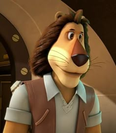 an animated character is wearing a vest and standing in front of a doorway with a clock on the wall