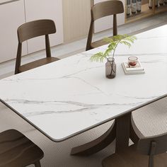 a white marble dining table with four chairs and a potted plant on the top