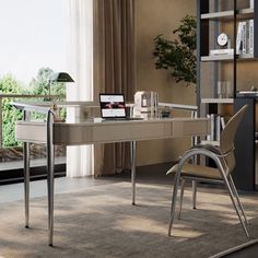 an office with a desk, chair and bookcase in the middle of the room