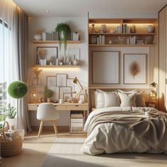 the bedroom is decorated in neutral colors