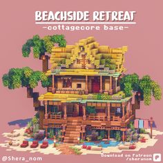 an image of a house made out of wood and palm trees with the words beachside retreat cottage base