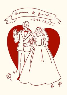 a drawing of a bride and groom standing next to each other in front of a heart