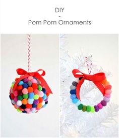 an ornament made out of pom - poms hanging from a christmas tree