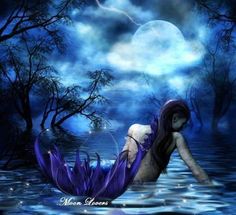 a mermaid floating in the water under a full moon