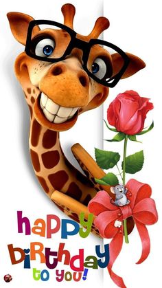 a cartoon giraffe with glasses holding a rose and greeting card for a birthday