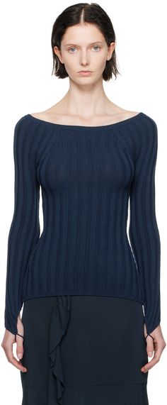 Paloma Wool - Navy Canal Sweater Casual Ribbed Viscose Tops, Fall Viscose Knit Top, Navy Boat, Boat Neck Sweater, Blue Jumper, Paloma Wool, Boatneck Sweater, Boat Neckline, Knitwear Women