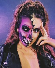 Half Face Halloween Makeup, Face Halloween Makeup, Halloween Skeleton Makeup, Holloween Makeup, Creepy Halloween Makeup, Cute Halloween Makeup, Halloween Makeup Ideas, Halloween Makeup Pretty