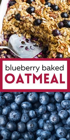 blueberry baked oatmeal in a white dish with a spoon