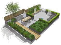 an outdoor kitchen and dining area are depicted in this 3d rendering, which shows how the space is divided into two sections