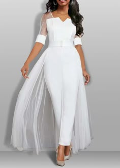 Package Contents : 1 X Jumpsuit, 1 X Belt Color : White Printing Design : Plain Color Sleeve's Length : Short Sleeve Neckline : Split Neck Sleeve Style : Regular Sleeve Pants Length : Ankle Length Pants Type : Regular Season : Summer Style : Elegant Occasion : Party,Cocktail Composition : 95% Polyester 5% Spandex Washing Instructions : Hand Wash See More Bride Pant Suit Wedding, All White Women Outfits Classy, White Wedding Pantsuit For Women, Winter Wonderland Formal Outfit, Wedding Jumpsuits For Bride, Wedding Dress Suits For Bride, Wedding Dress With Pants, Bridal Pantsuit Brides, White Outfits For Women Party Classy