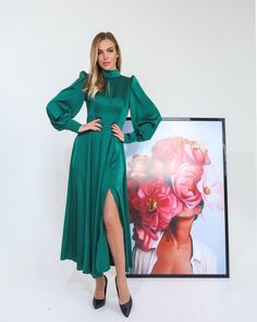 Green Fitted Satin Knee-length Dress, Satin Party Dress With Bishop Sleeves, Party Satin Dress With Bishop Sleeves, Chic Long Sleeve Bishop Sleeve Dress For Party, Chic Bishop Sleeve Long Sleeve Dress For Party, Chic Long Sleeve Dress With Bishop Sleeves For Party, Fitted Satin Long Sleeve Party Dress, Spring Party Midi Dress With Bishop Sleeves, Silk Puff Sleeve Fitted Midi Dress