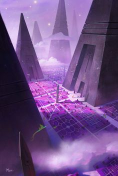 a futuristic city surrounded by purple clouds