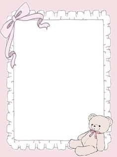 a teddy bear with a pink ribbon around it's neck sitting in front of an empty frame