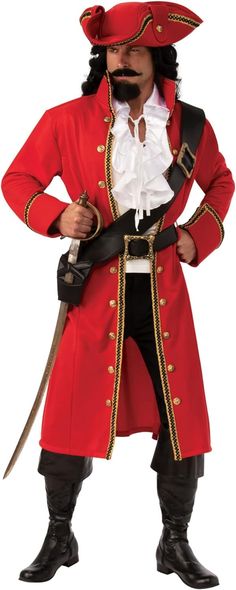 Mens Pirate Captain Hook Costume - HalloweenCostumes4U.com - Adult Costumes Pirate Captain Costume, Red Long Coat, Pirate Accessories, Baby Kostüm, Villain Costumes, Pirate Captain