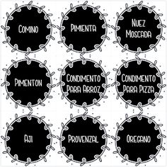 six black and white labels with the names of different pizzas in each one circle