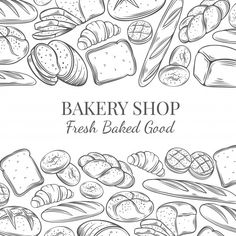 bakery shop banner with fresh baked goods and breads on white background, hand drawn