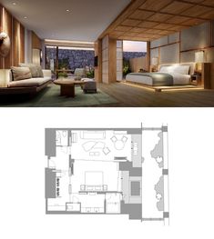 the floor plan for this modern apartment is shown in two separate sections, with one bedroom and