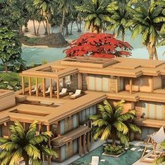 an artist's rendering of a tropical house with palm trees and water in the background