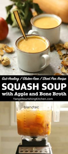 squash soup with apple and bone broth in a blender