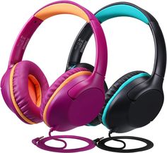 two headphones are sitting next to each other on a white surface, one is purple and the other is orange