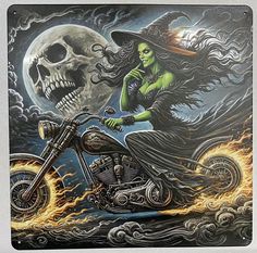 a painting of a woman riding a motorcycle with a skull on the back and a full moon in the background