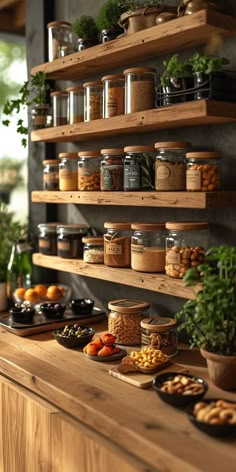 a wooden counter topped with lots of jars filled with food next to potted plants