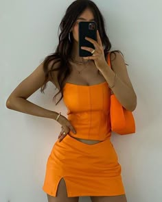 Crop Top Styles, Birthday Dress Women, Fest Outfits, Orange Tops, Top And Skirt Set, Summer Crop Tops, Top And Skirt, Leather Mini Skirts