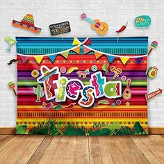 an image of the word fiesta written in bright colors on a colorful background with guitars and other items